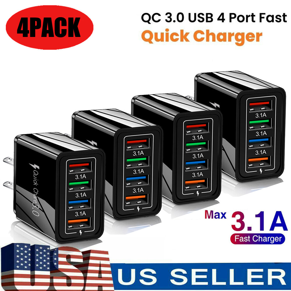 4Pack 4 Port Fast Quick Charge QC 3.0 USB Hub Wall Charger Power Adapter Plug