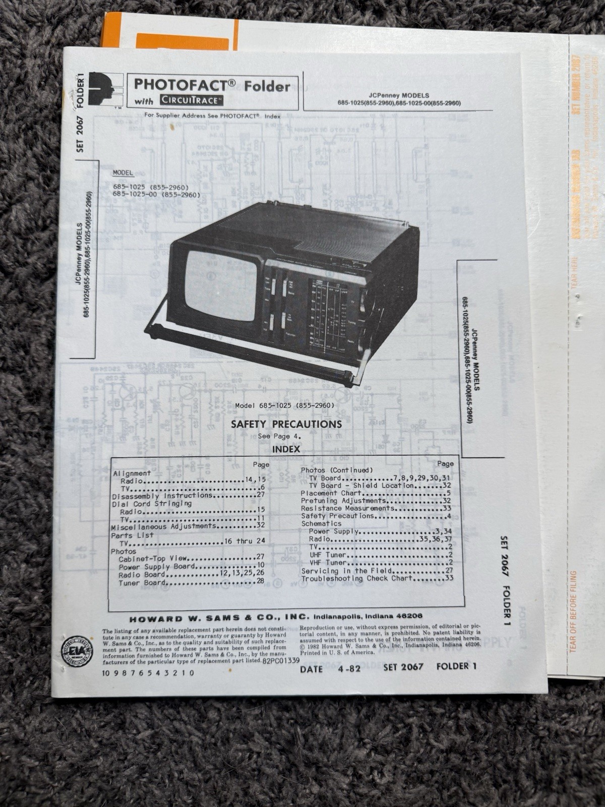 SAMS Photofact Set 2067 Folder 1 JCPenney TV Models 685-1025 Service Manual