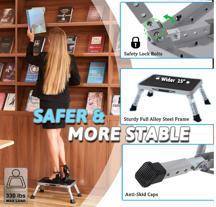 3 Levels Adjustable Folding Step Stools for Adults, Sturdy Metal RV Step Stool,