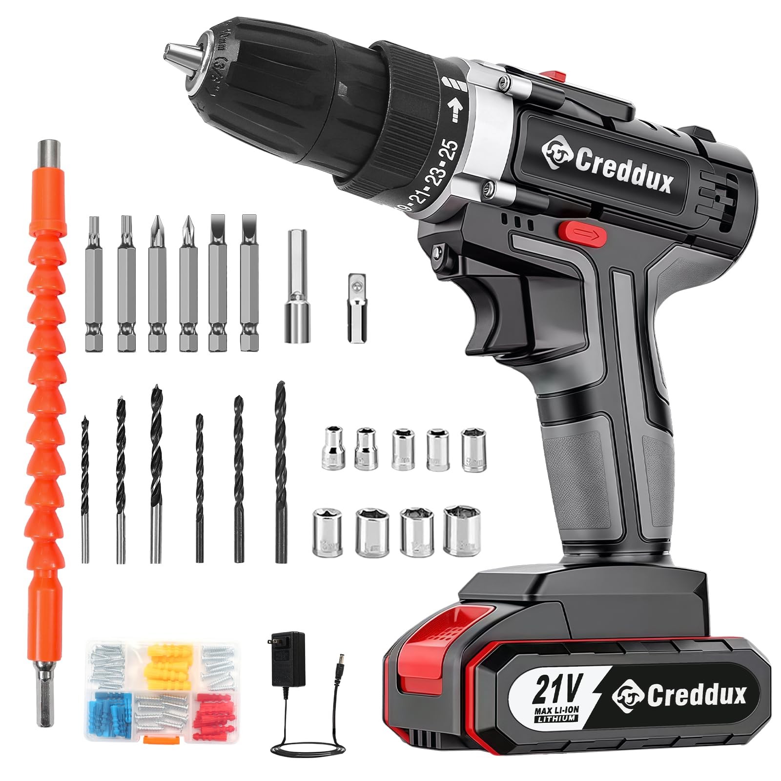 21V Cordless Drill Driver Set 84 PCS Accessories 3/8 Inch Chuck Black