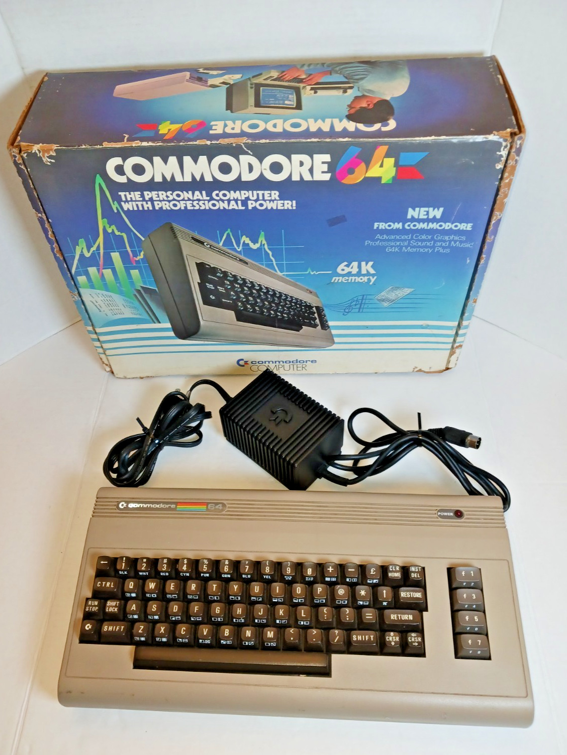 Vintage Commodore 64 Computer With Original Box and Power Supply Powers On