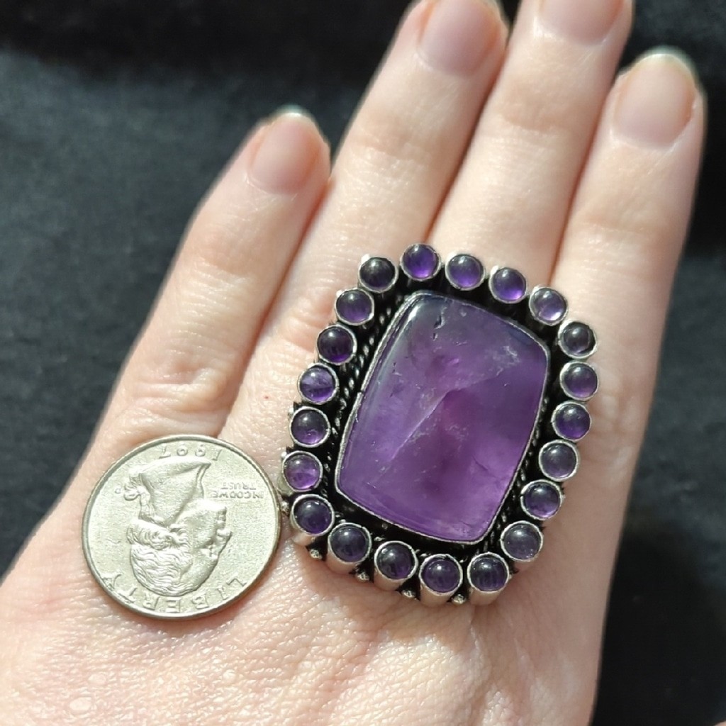 Silver Plated Purple Amethyst Gemstone Cluster Chunky Statement Ring - Size 8
