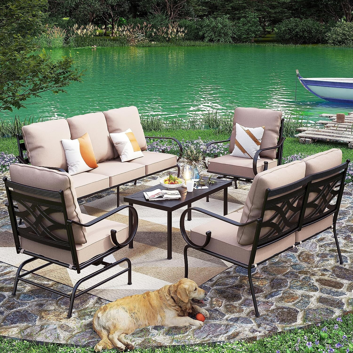 5 Pcs Patio Furniture Set Outdoor Conversation Set w/ 2 Metal Chairs for 7-Seats
