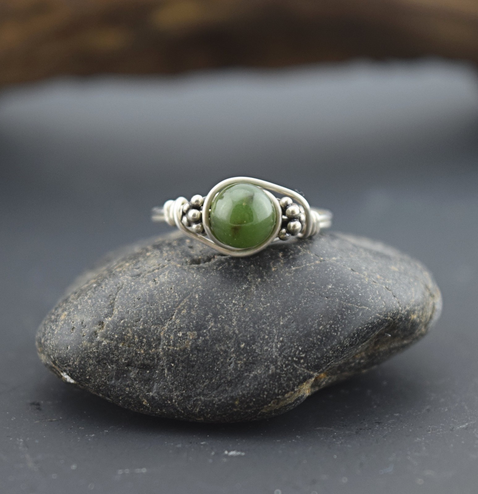Nephrite Jade Bali Silver Wire Wrap Ring - ANY SIZE