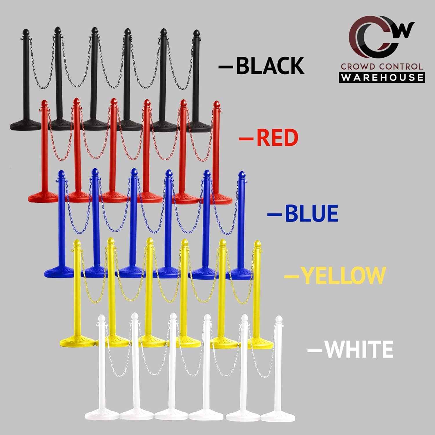 Plastic Stanchion Set 6 Black 2.5" Diameter w/ 50ft Chain Crowd Control