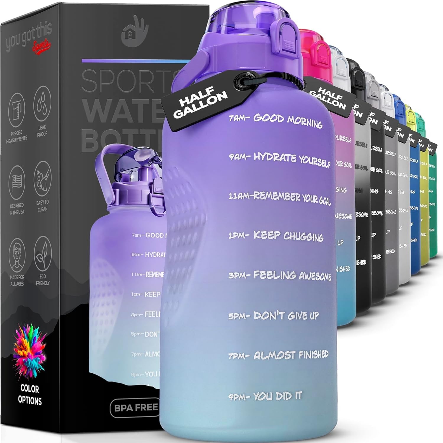 Motivational Water Bottle with Time Marker,Half Gallon Water Bottle with Straw 6