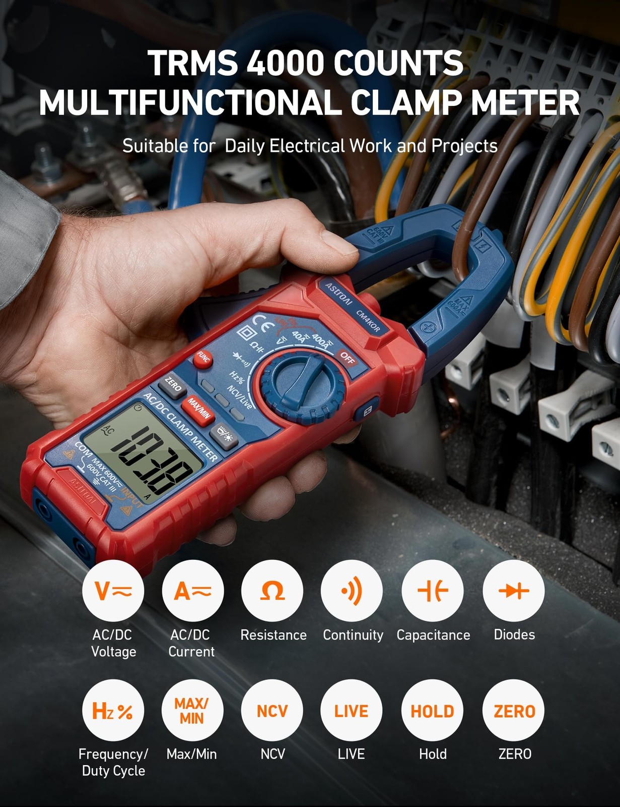AstroAI Digital Clamp Meter Multimeter 4000 Counts Auto-ranging Amp Tester Me...
