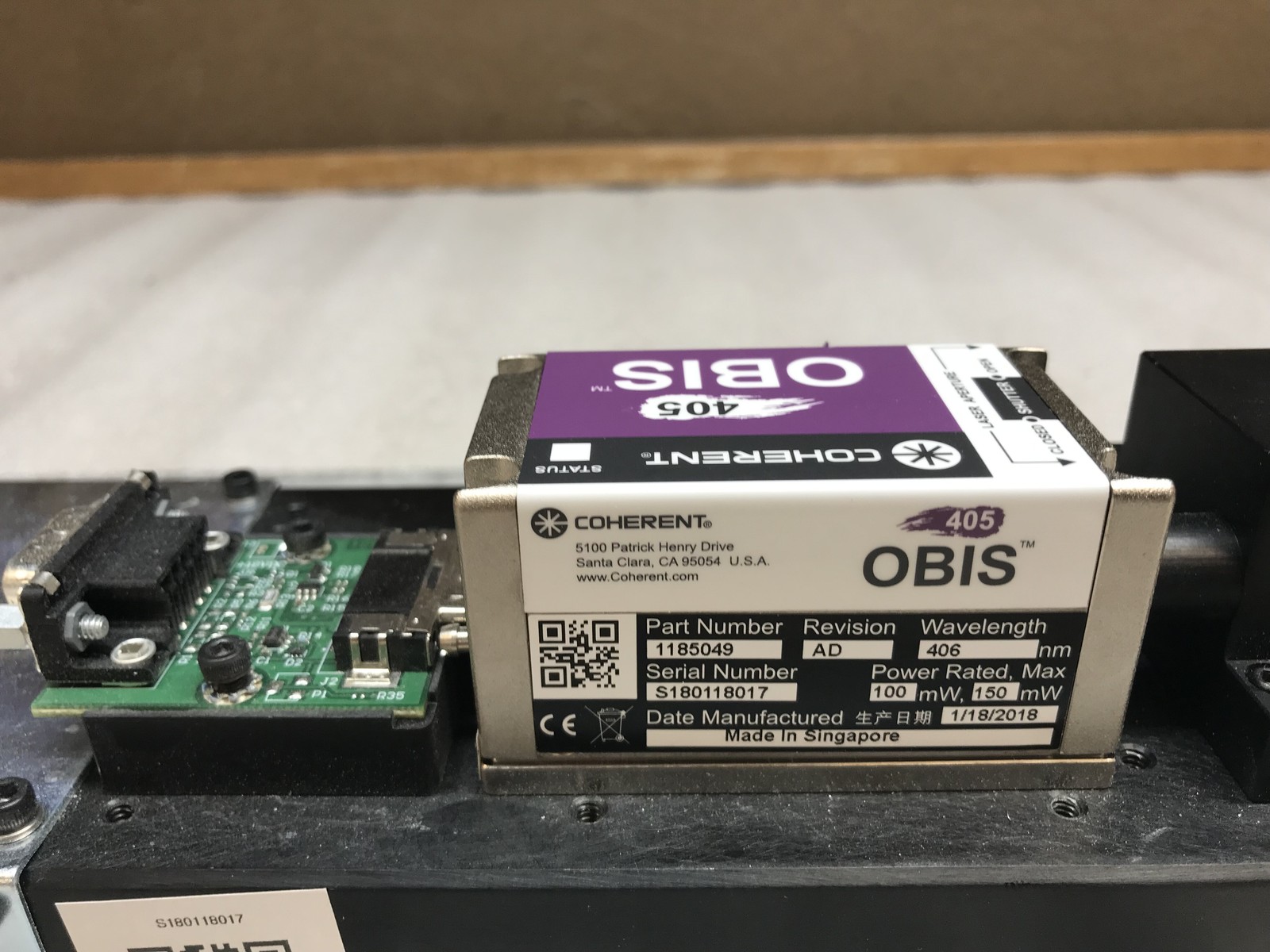 Coherent Obis 405 1185049 406nm 100-150mW mfg 2018 21k Hrs w/ Power Adapter
