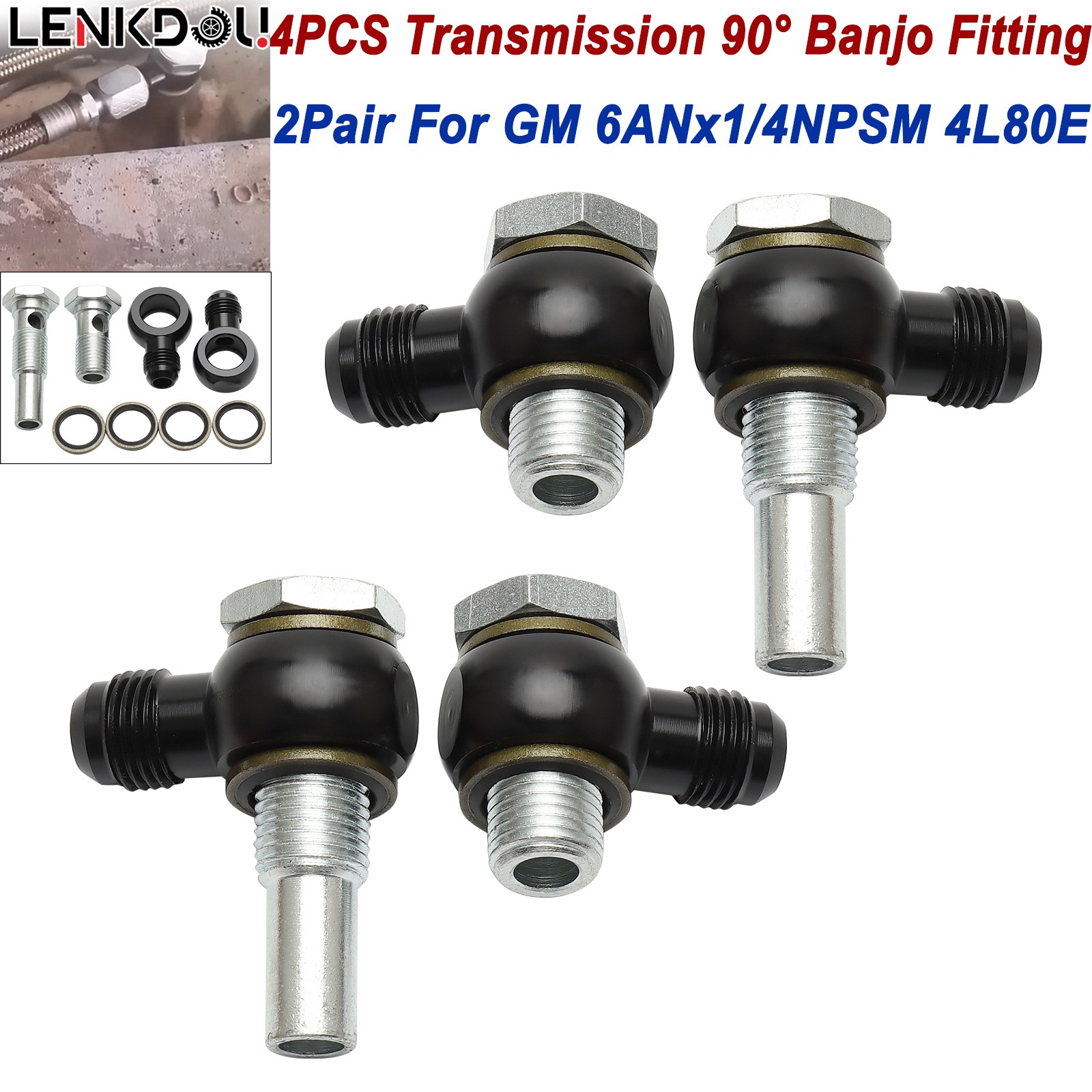 2Pair 6AN x 1/4NPSM 4L80E Transmission Oil Cooler 90° Banjo Fittings 4PCS For GM