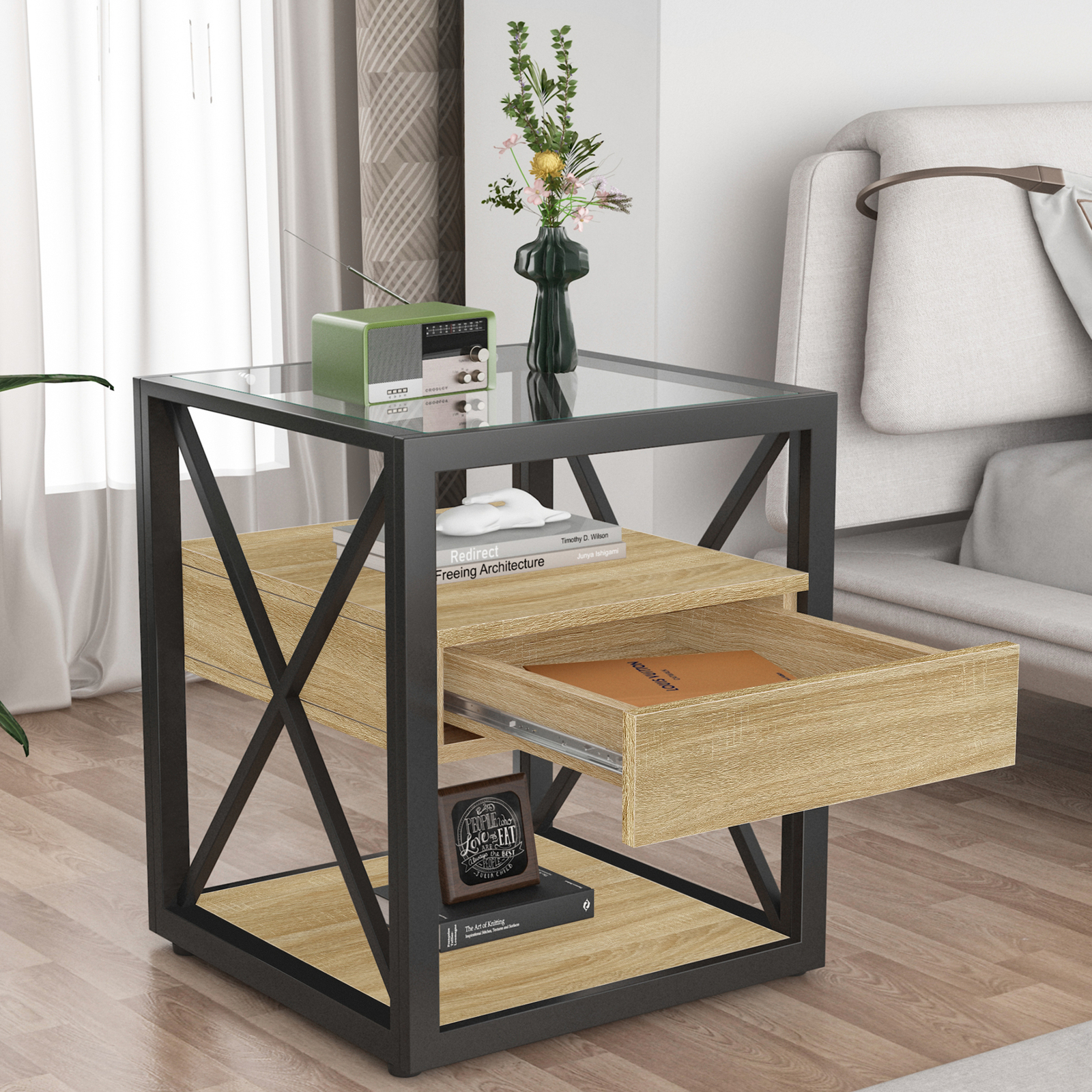 Modern End Table with Drawer Wood Nightstand Industrial Style Side Table