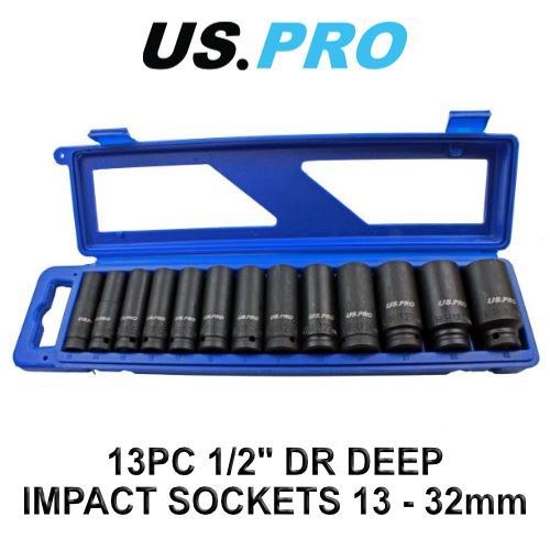US PRO 13pc 1/2 Dr 12pt Deep Impact Sockets Metric 13 - 32mm 1683