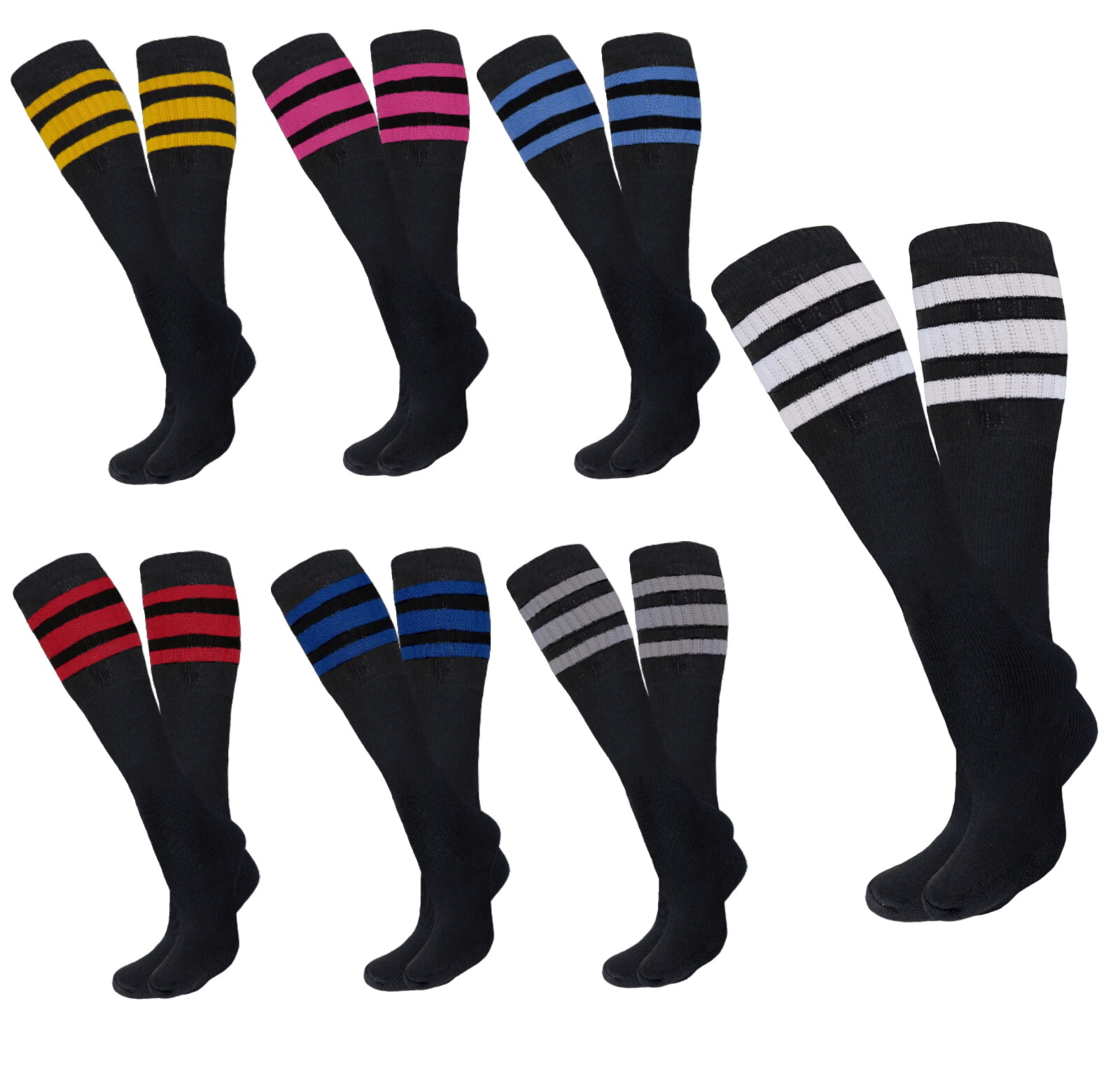 12 PAIRS BLACK STRIPED TUBE SOCKS FULL CUSHION OLD SCHOOL LONG SOCKS SIZE 10-15