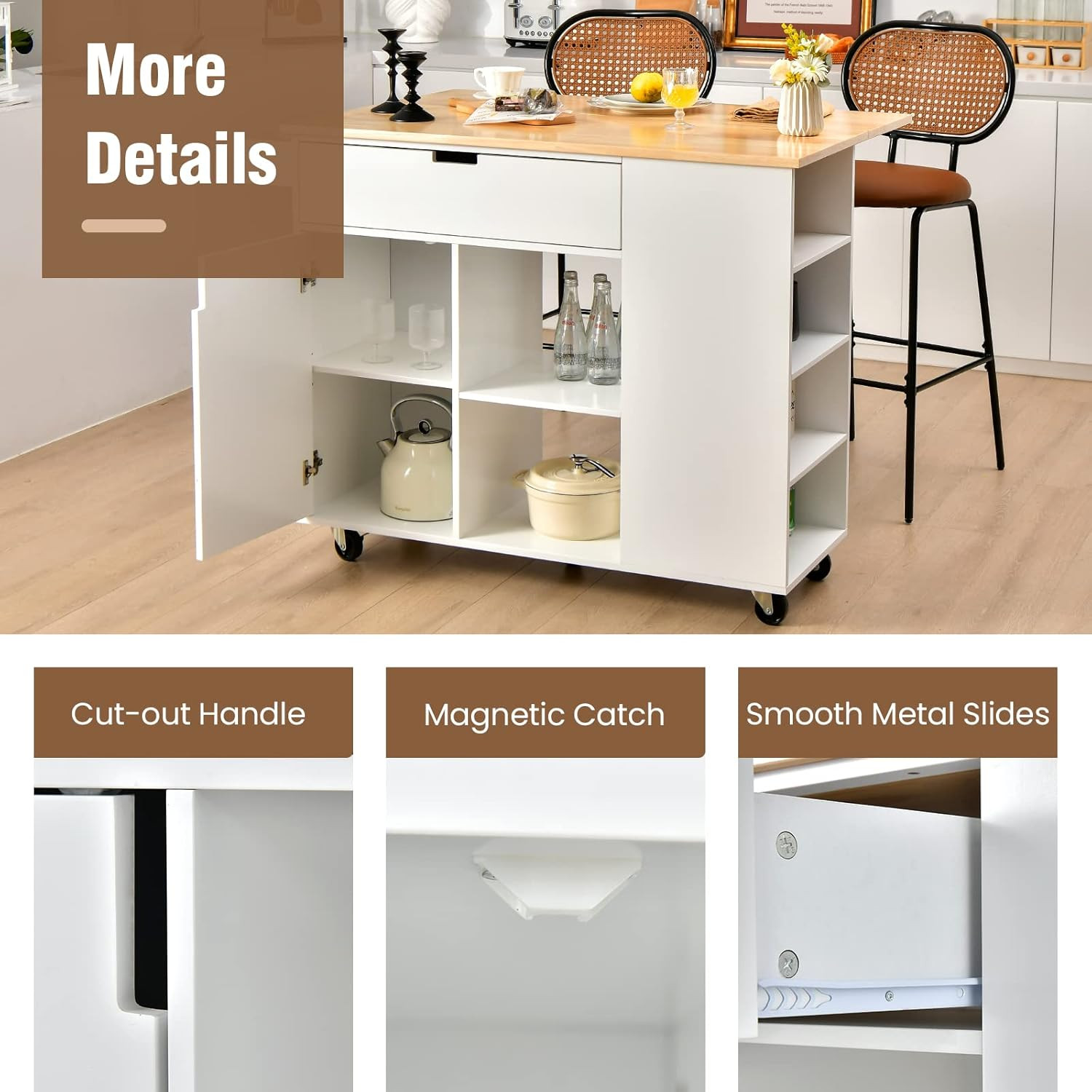 White Kitchen Island Cart with Drop-Leaf, Shelves & Rolling Wheels