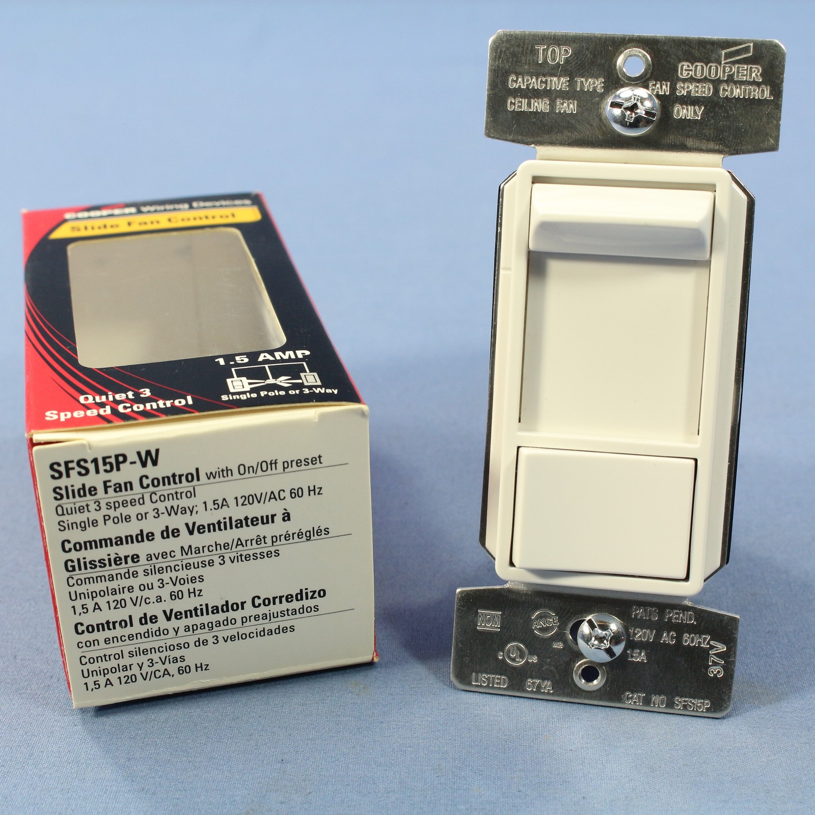 Cooper White 3-Speed Slide Fan Control 3-Way 1-Pole Preset 1.5A SFS15P-W