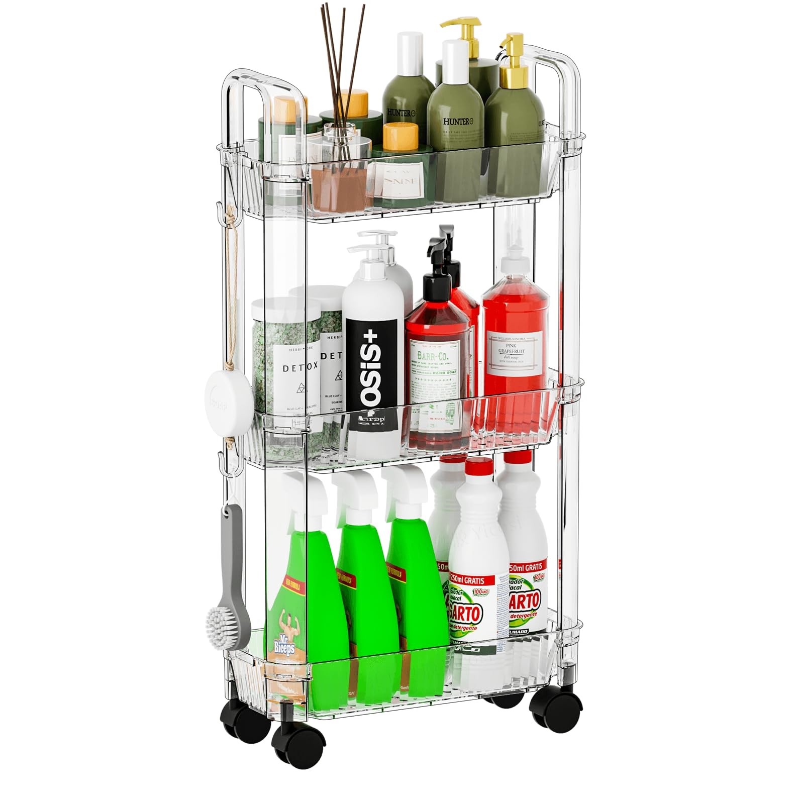 3 Tier Slim Rolling Storage Cart Clear Modern Design Skinny Bathroom Rack