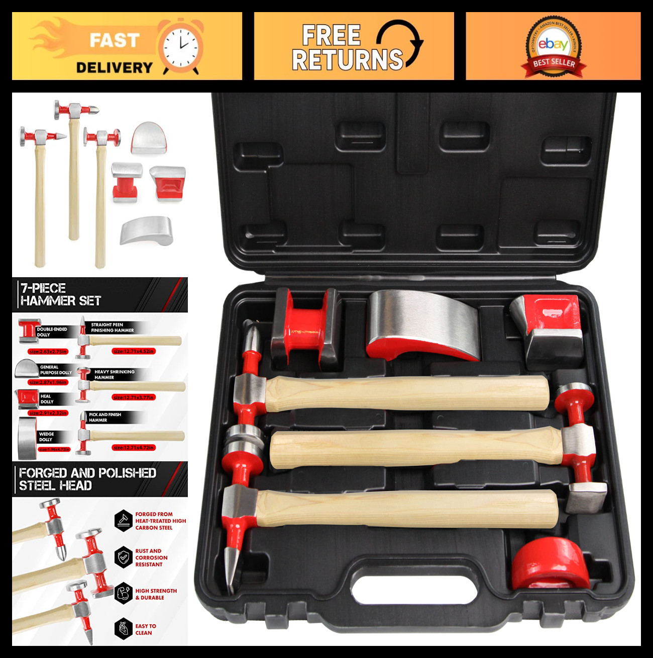 7-Piece Auto Body Repair Tool Set with Hammer, Dolly & Carrying Case - Durable K