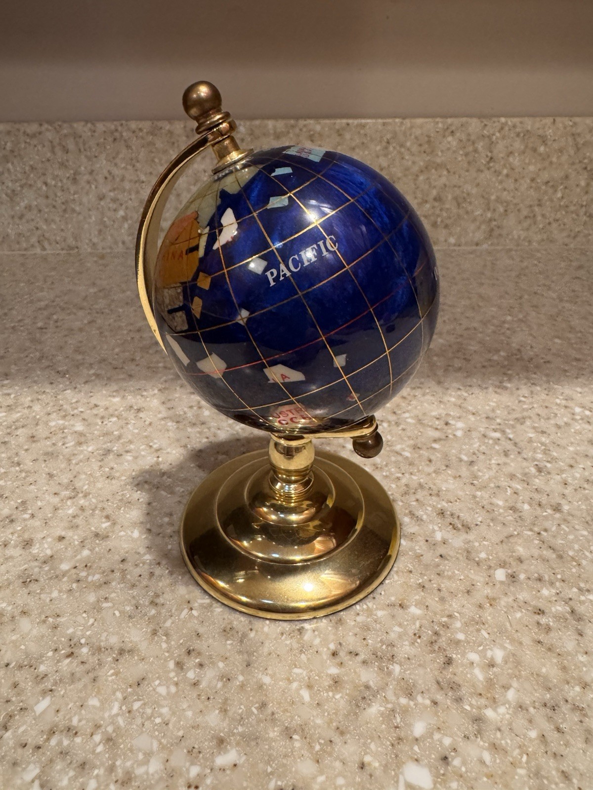 Blue Lapis Glass World Globe with Semi Precious Gemstones 7” Tall