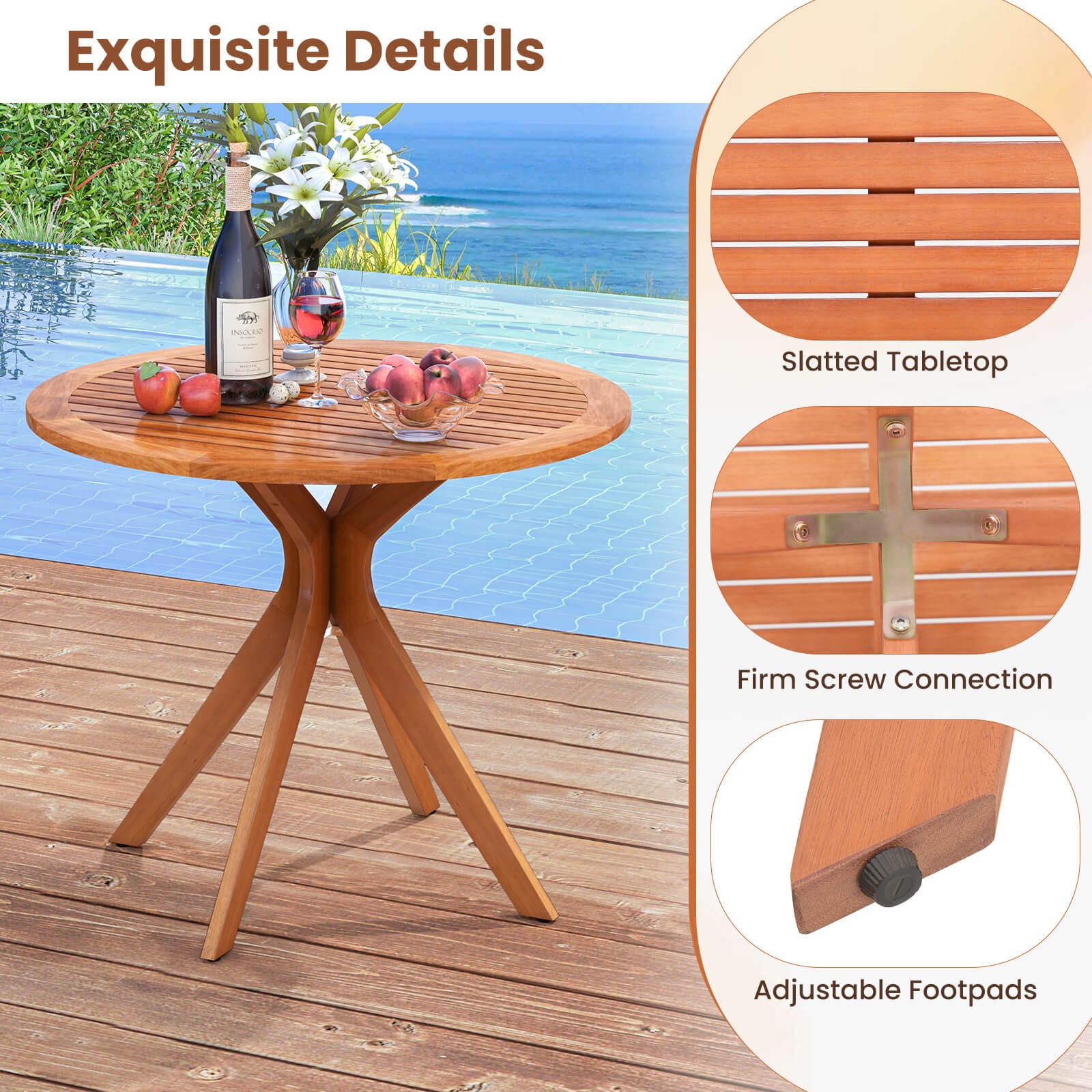 35.5 Inch Patio Wood Dining Table w/ Slatted Tabletop & Curved Legs for Backyard