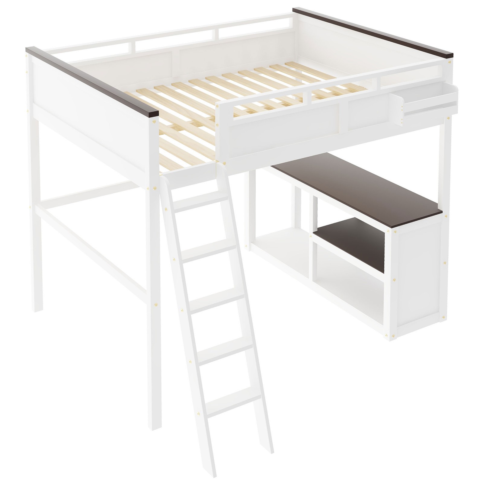 Queen Size Loft Bed with Desk Ladder Storage Shelf Solid Wood Bedroom Bed Frame