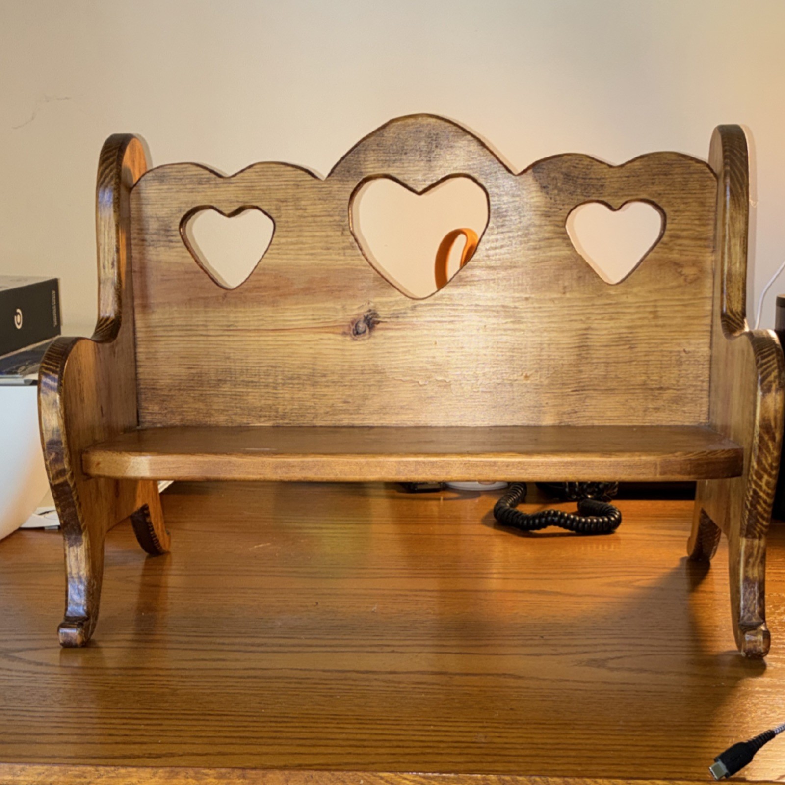 Wooden Bench with Heart Cutouts Backrest Carvings Brown Wood Effect