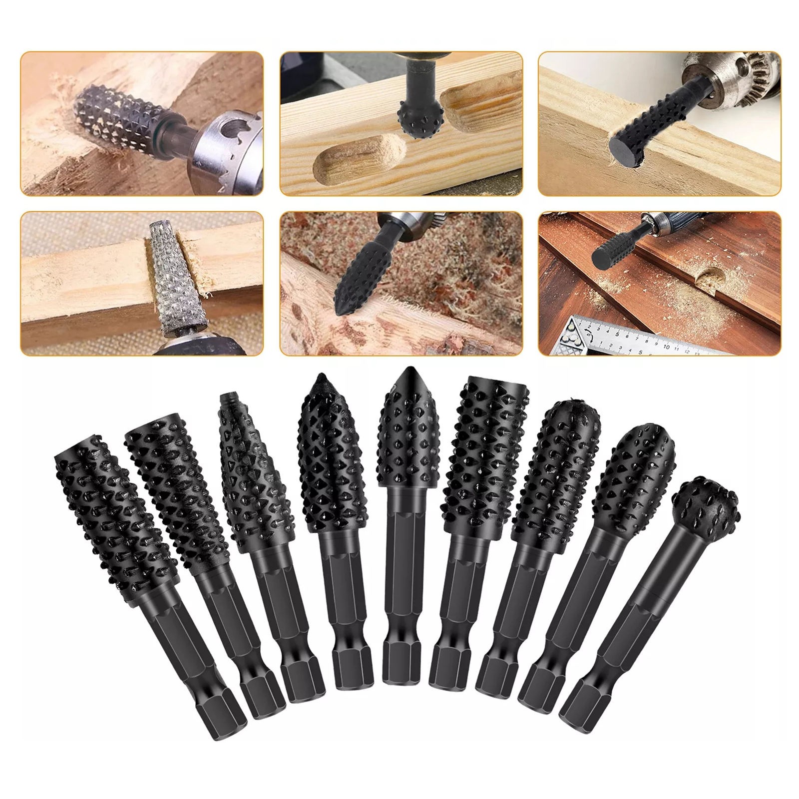 10Pcs New 1/4in Shank Rotary Burr Rasp Set Steel Wood Carving File Drill Bits