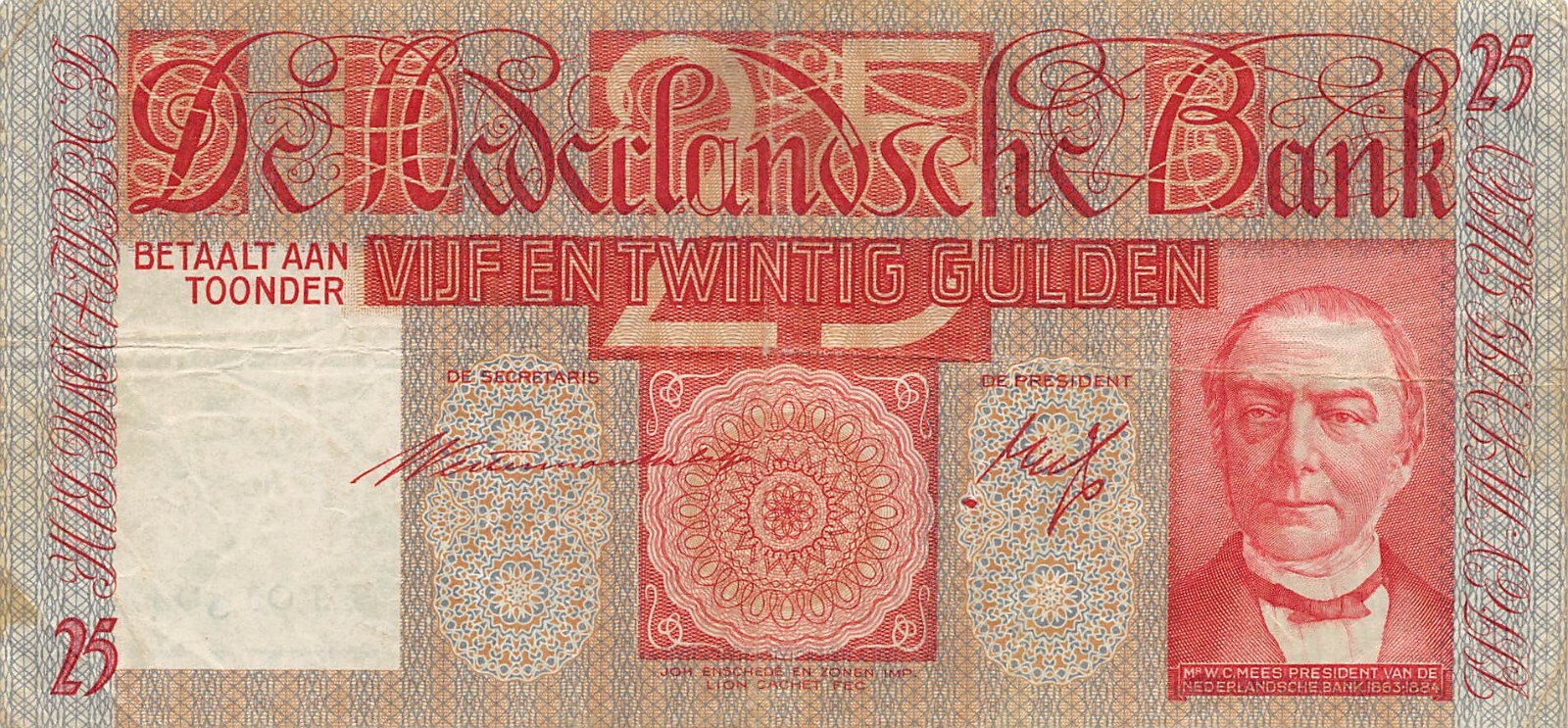Netherlands  25  Gulden  16.3.1939  P 50  Series  EJ  Circulated Banknote SS1