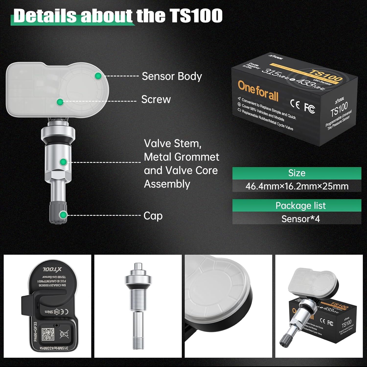 XTOOL 4pcs*TS100 315/433MHz Tire Pressure Sensor TPMS Relearn Tool Use for TP150