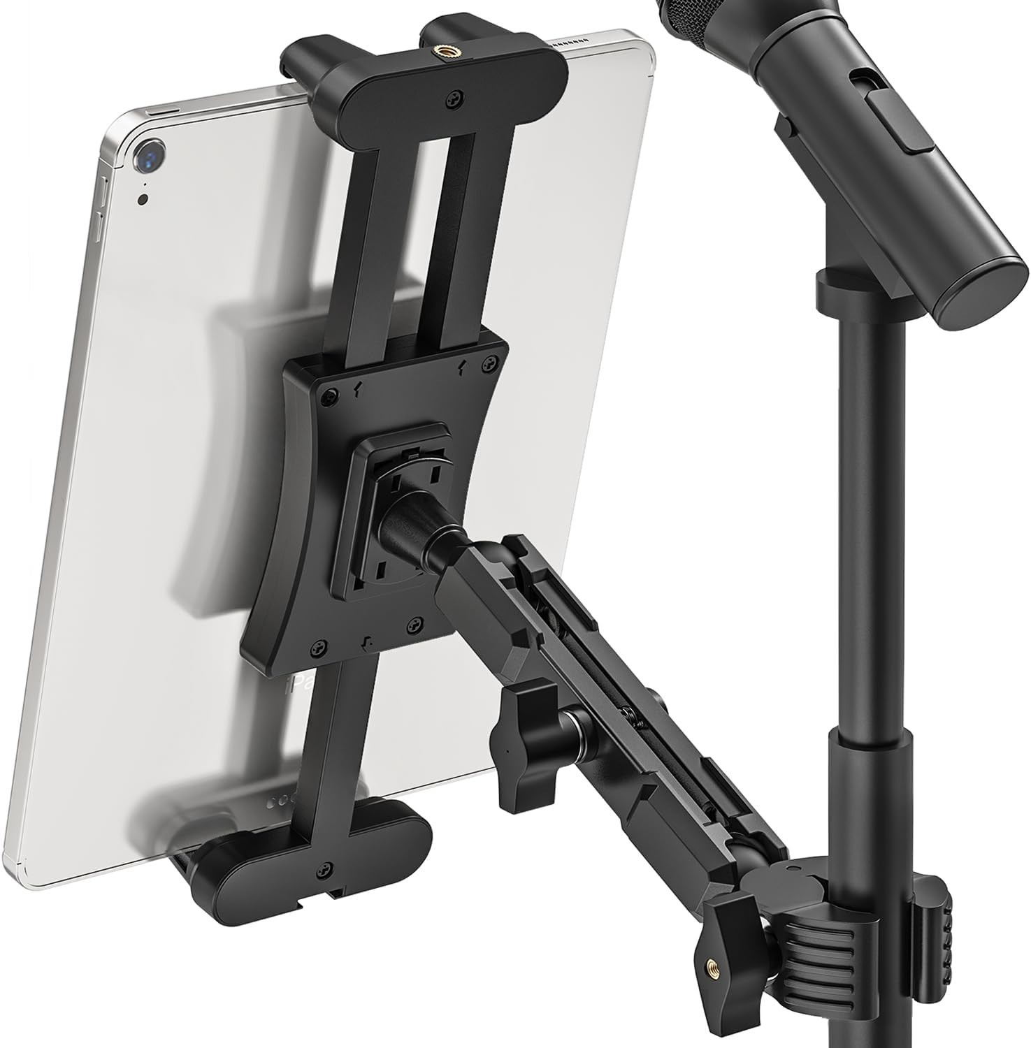 Ipad Mic Stand Mount, 360° Rotation Tablet Holder for Microphone Music Stand wit
