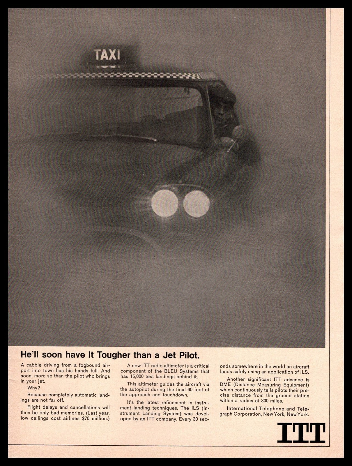 1965 ITT New York Taxi Cab Driver Car Cabbie Driving in The Fog Vintage Print Ad
