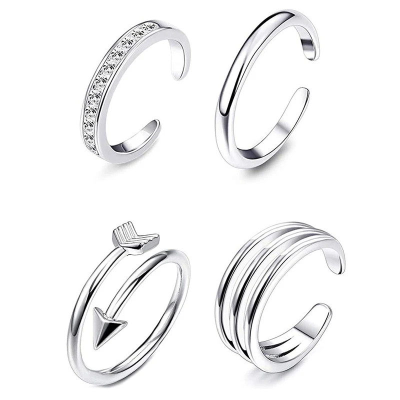4Pcs Simple Alloy Crystal Toe Ring Adjustable Opening Toe Ring For Men & Women