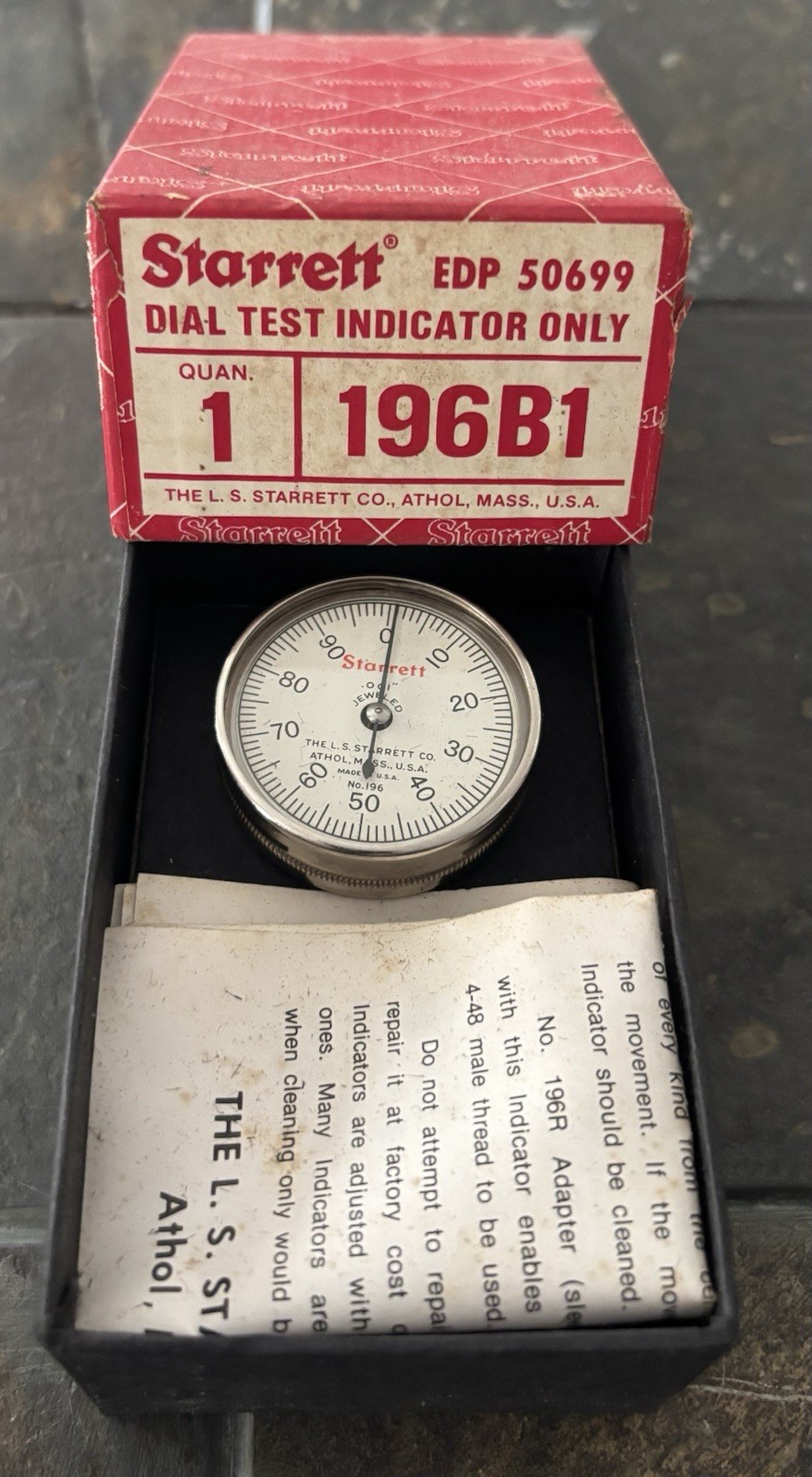 L.S. STARRETT NO. 196B1 JEWELED DIAL TEST INDICATOR W BOX & PAPERS .001" VGC USA