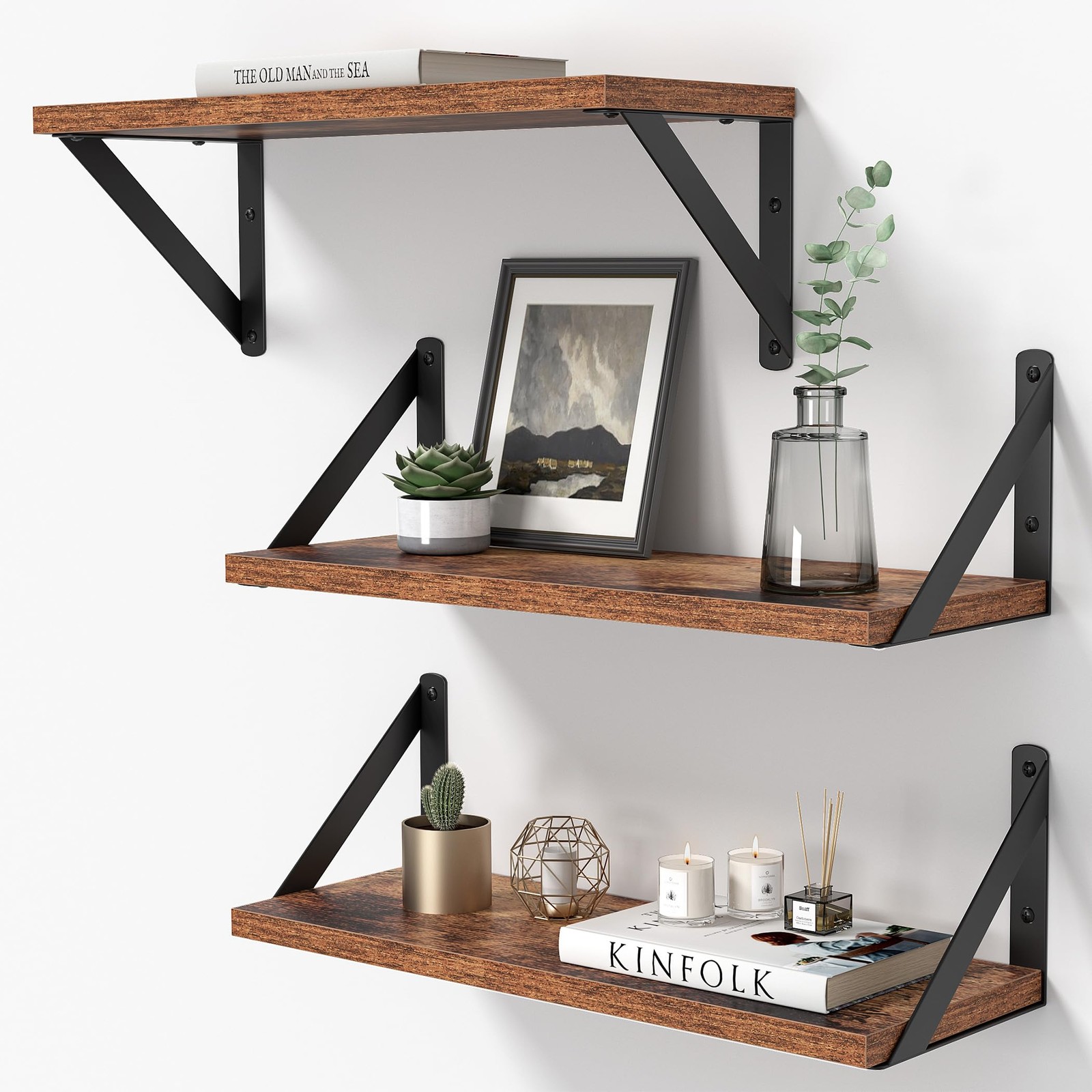 Heimlove Floating Shelves for Wall, 16 Inch Long Wood Floating Shelves Set of 3,