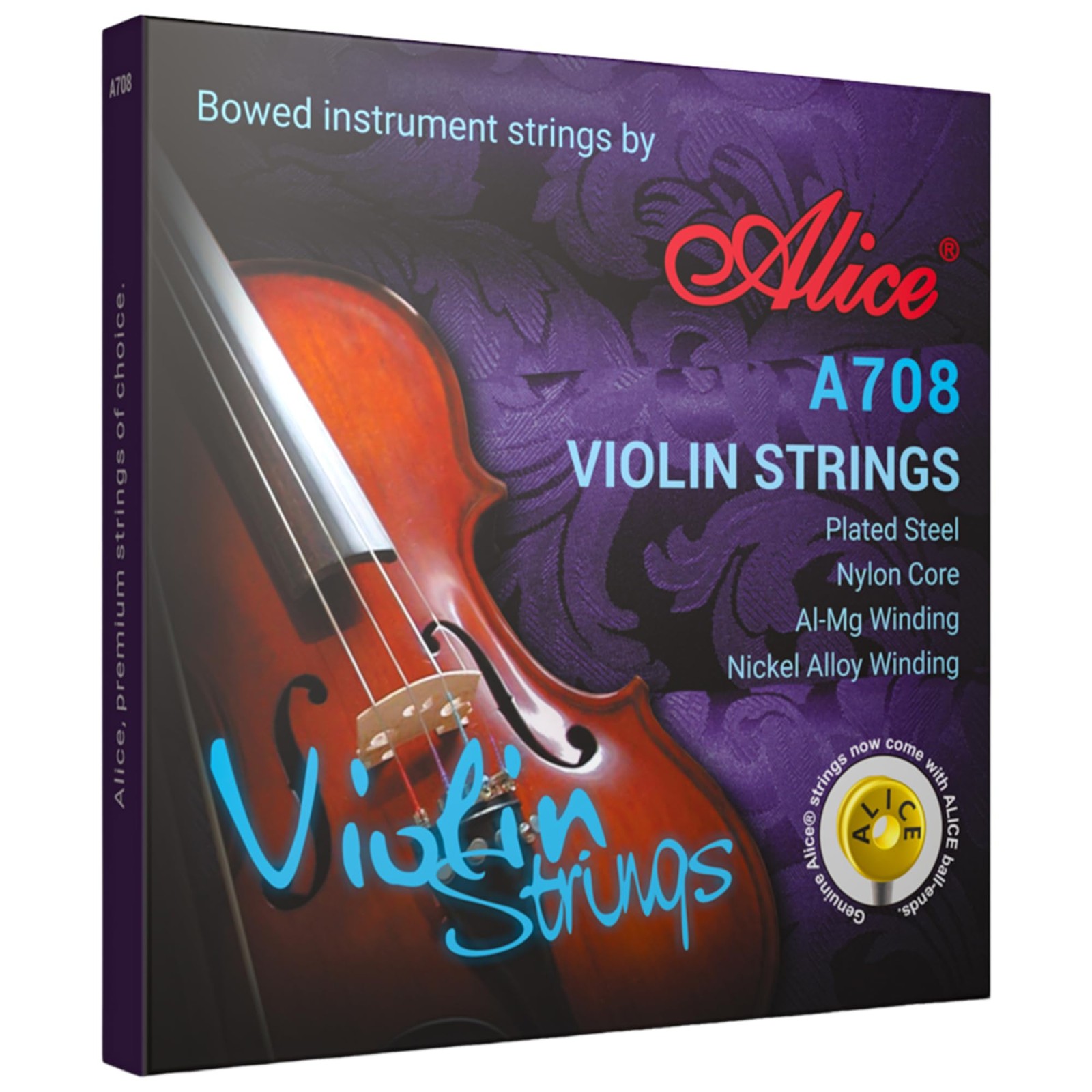 Violin Strings, Alice 4/4 Strings Full Set Nylon core, Multicolor