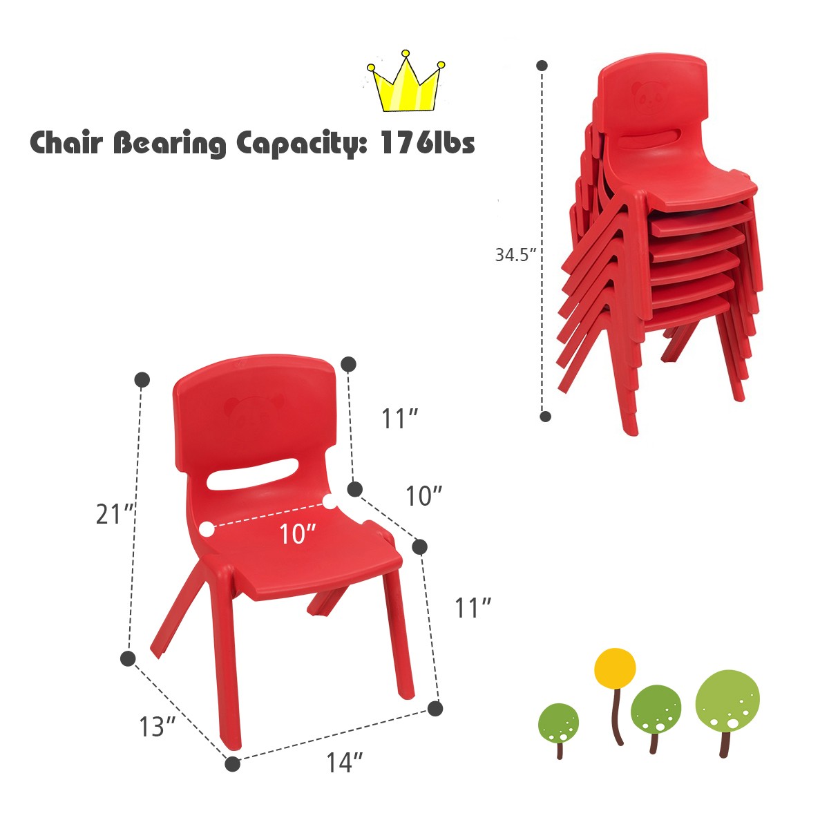 6-pack Kids Plastic Stackable Classroom Chairs Indoor/Outdoor Kindergarten Red