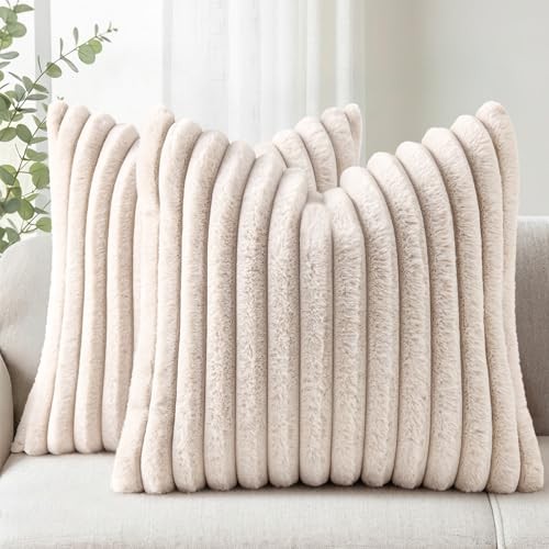 Faux Fur Couch Throw Pillow Covers 18x18 18" x 18" (Pack of 2) Natural Beige