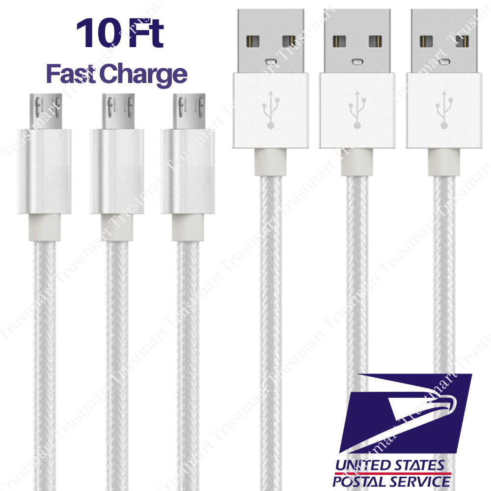 3 PACK 10Ft Extra Long Micro USB Cable Fast Charge Android Charger Charging Cord