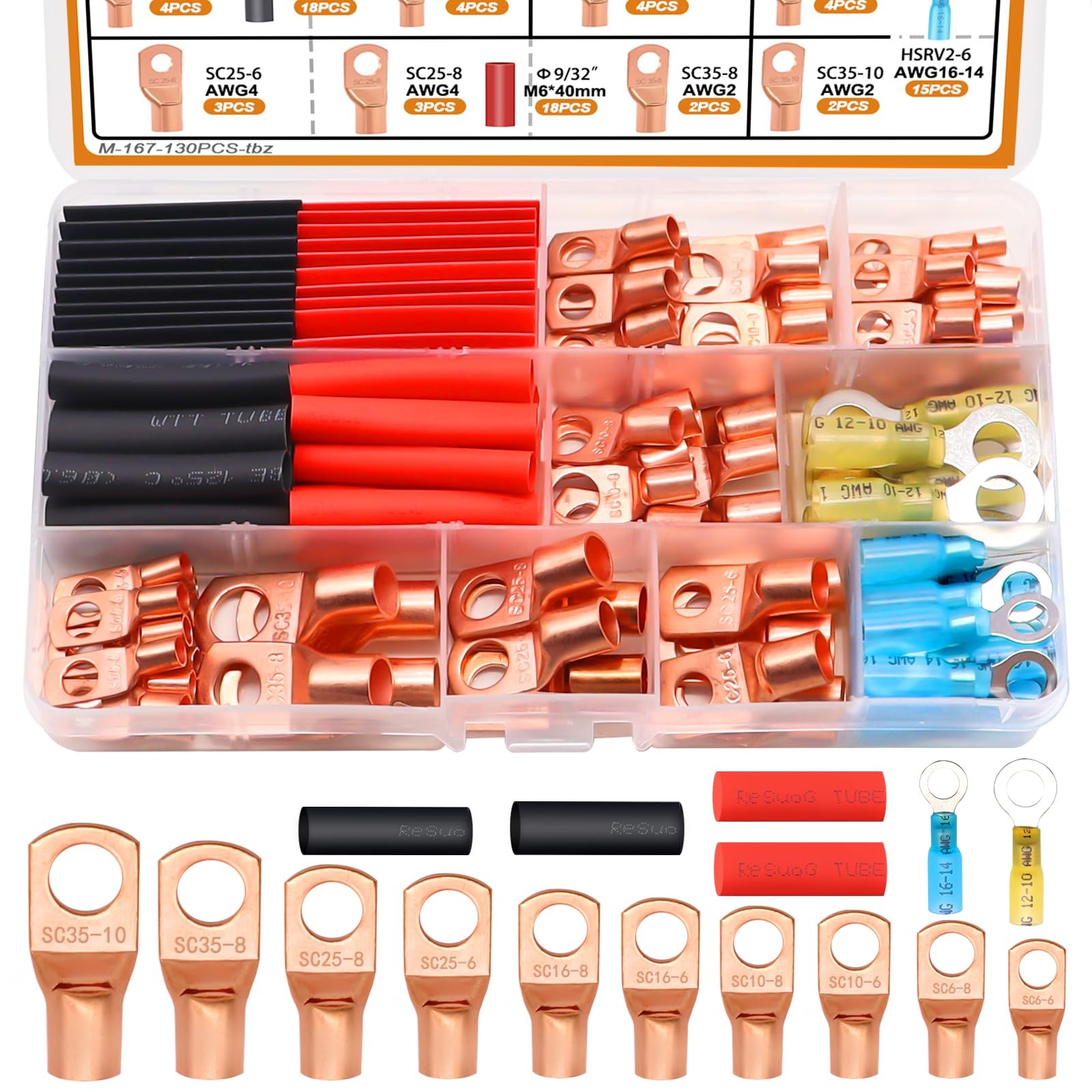 mankk 130PCS Copper Wire Lugs AWG 2 4 6 8 10 12 14 16 Gauge 110PCS, 110PCS