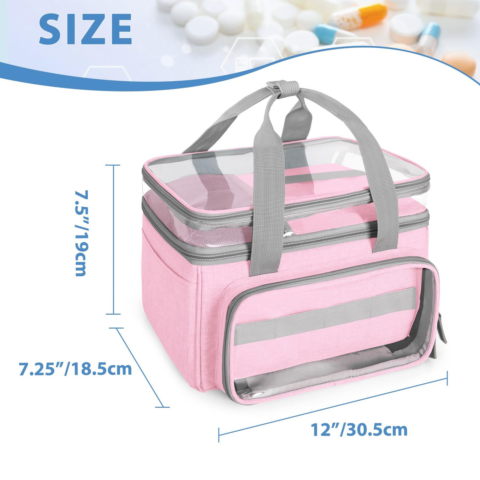 Double-Layer Medicine Bag with Transparent Compartment, Pill Bottle Organizer