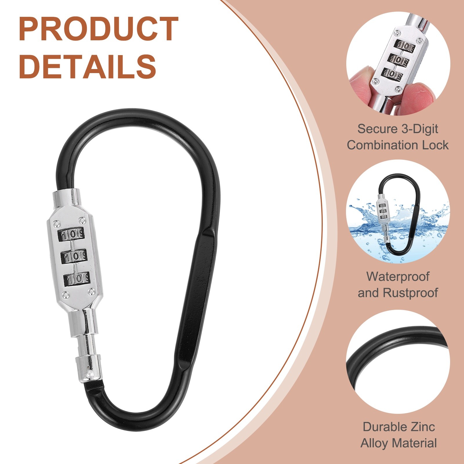 4.8" x 2.4" D-Shaped 3-Digit Code Combination Lock D-Ring Clip Locking, Black