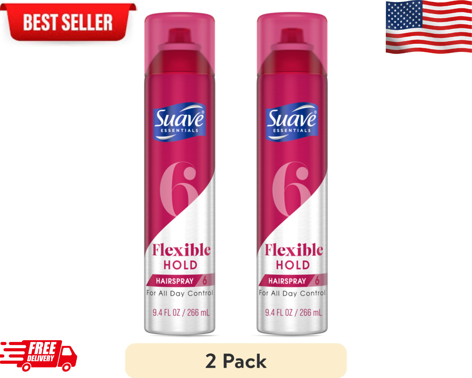 (2  Pack) Suave Flexible Hold Hair Spray, All Day Control, 9.4 oz, Free Shipping