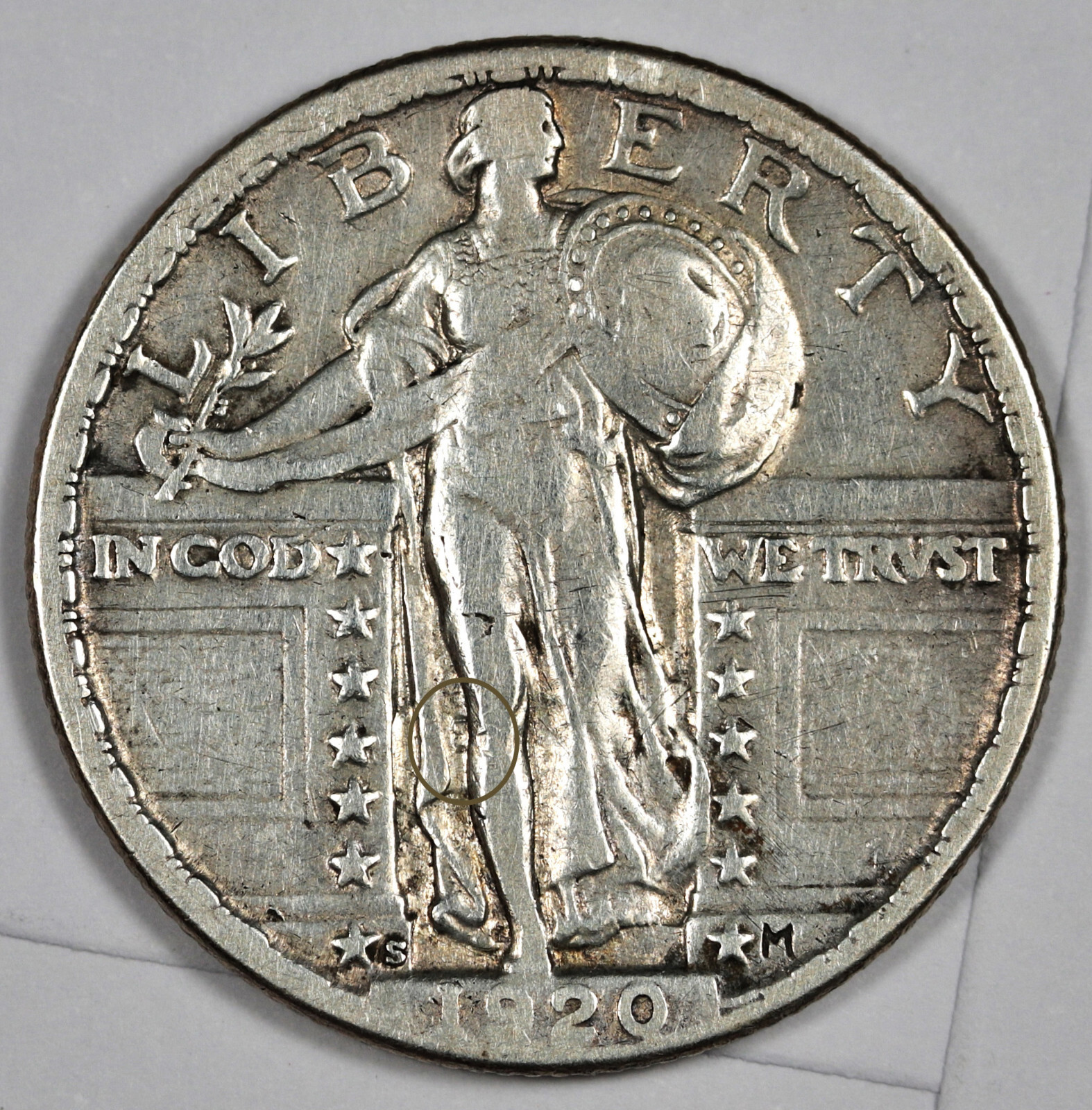 1920-s Standing Liberty Quarter.  Error.  Clashed "E".  VF-XF.  197816