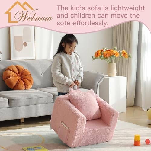Kids Sofa with Pillow, Cozy Toddler Chair Soft Foam Seat for Sherpa Pink