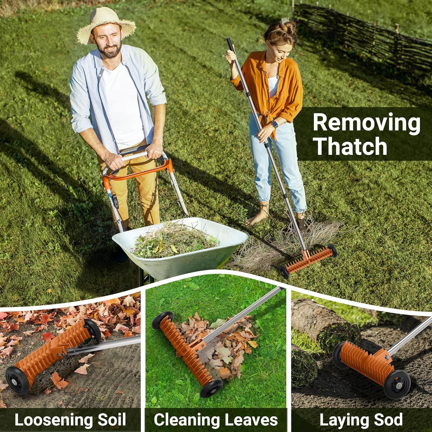 Lawn Thatch Rake, 15-Inch Steel Dethatching Tool
