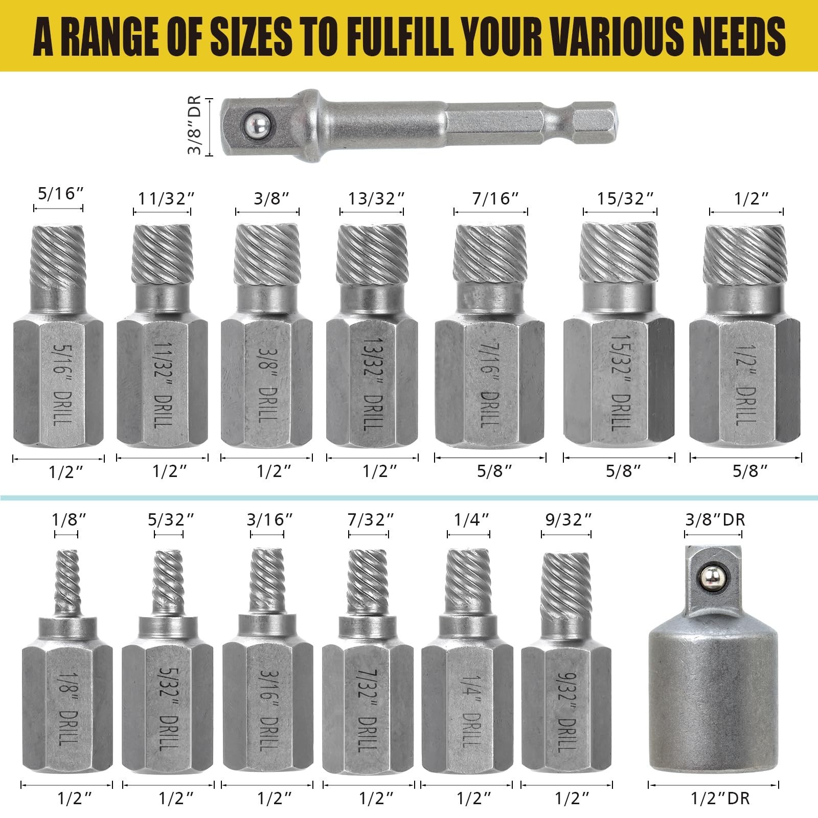 15 PCS Screw Extractor Set - Hex Head Easy Out Tool for Stripped Rusted Bolts &