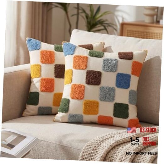 Mindsoft 2 Pcs Embroidered Plaid Throw Pillow Cover 18x18 Inches Modern