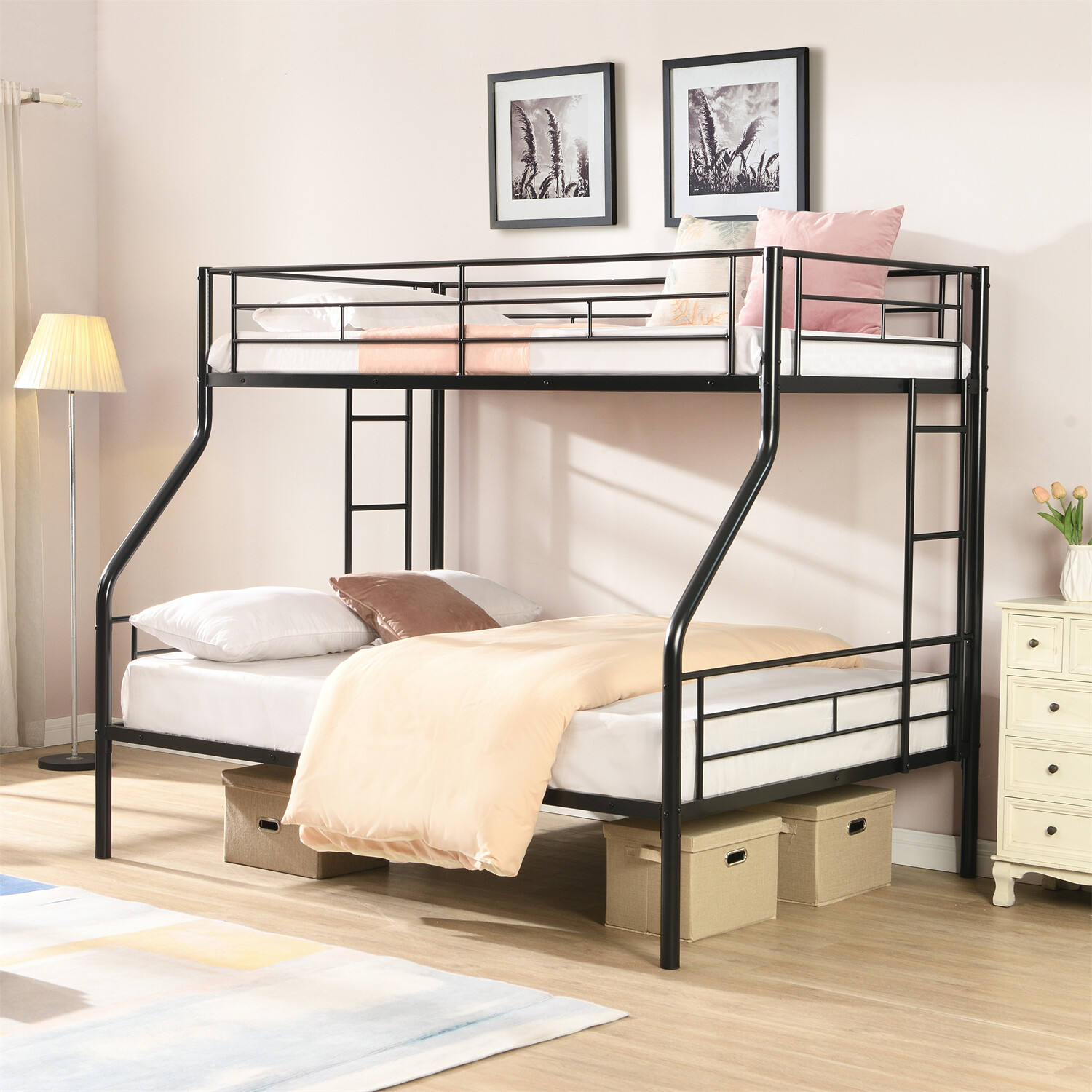 Twin Over Full Bunk Bed Heavy Duty Metal Bunk Bed Frame w/ 2 Ladders Black