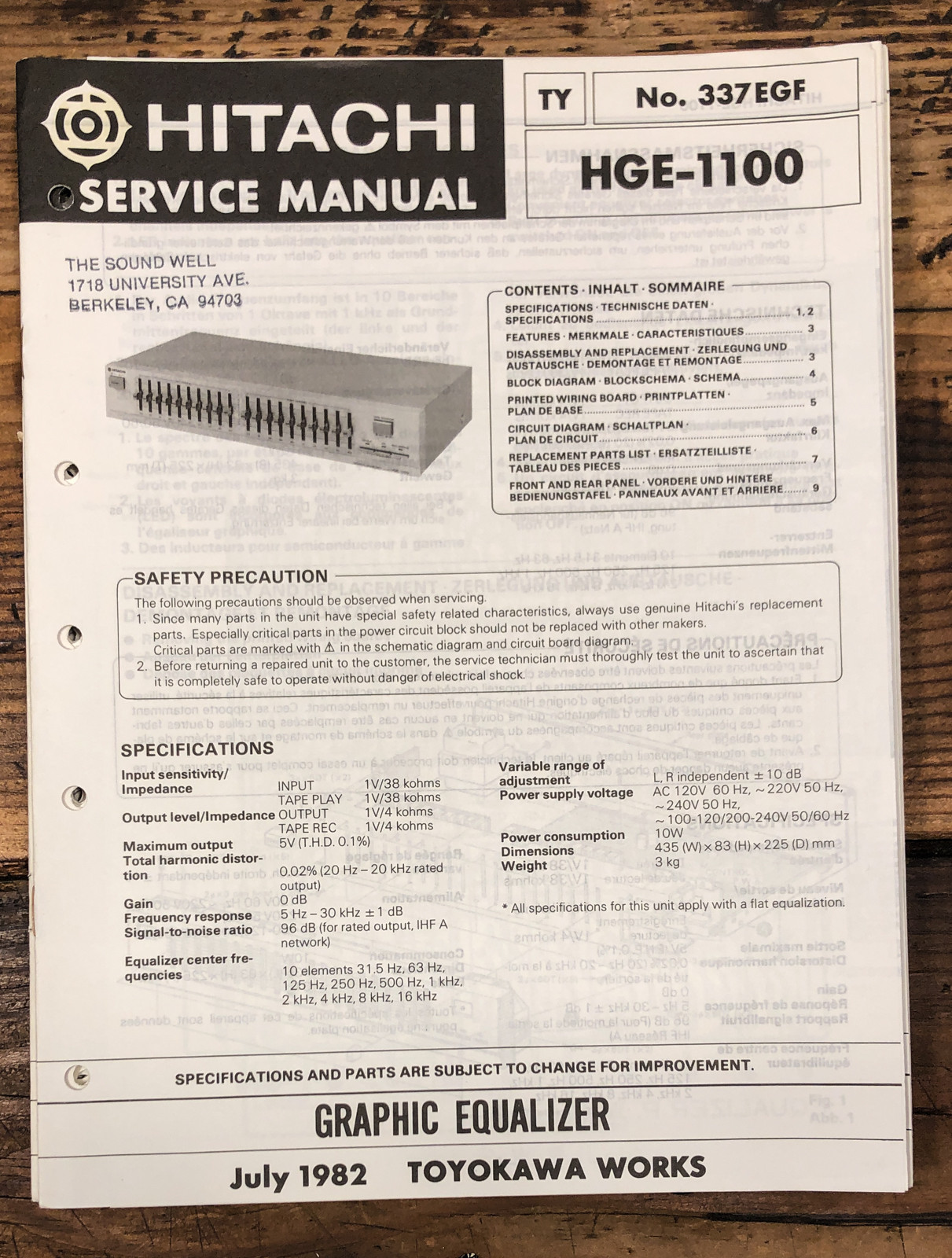 Hitachi HGE-1100 Equalizer  Service Manual *Original*