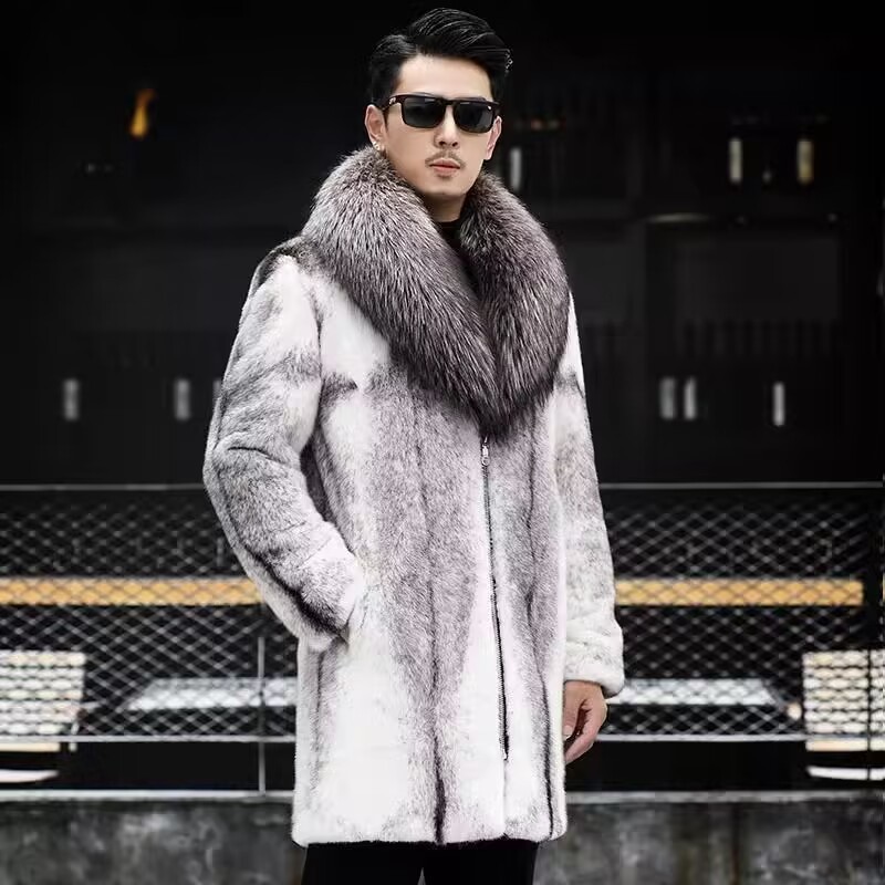 Men's Warm Mink Fur Coat Winter Raccoon Fur Collar Thickened Warm Business Coat