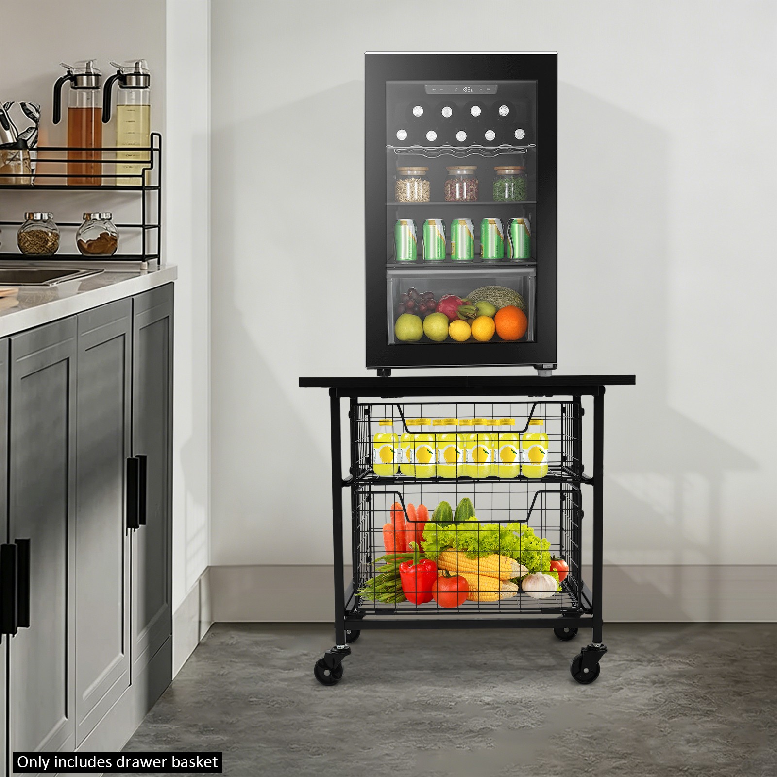 Mini Fridge Stand with Storage Drawer, Small Refrigerator Cart w/Wheels for Home