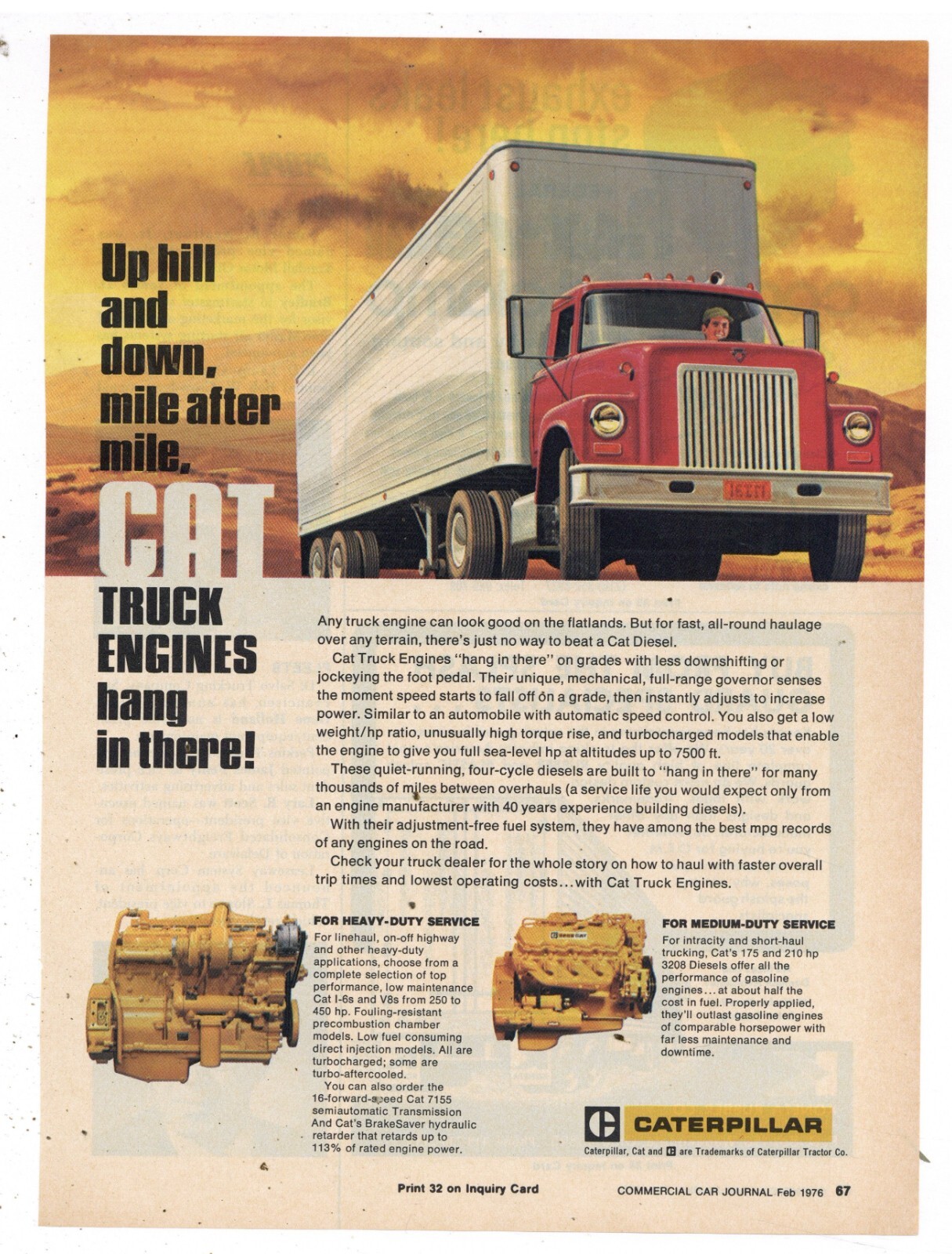 1976 Caterpillar Diesel Engines Ad: Model 3208 Medium Duty, I-6 w/ 7155 Trans.